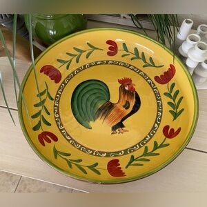Vintage Large Round Heavy Yellow With Red Flowers Rooster Vegetable/fruit Bowl